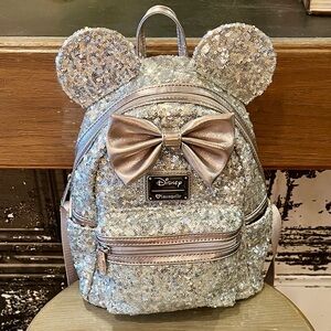 Loungefly Disney Minnie Mouse Silver Sequin Mini Backpack